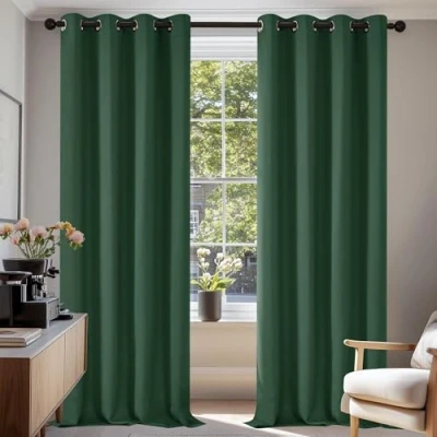 Immagine di Deconovo Tende per Interni Oscuranti Termiche Isolanti, Camera da Letto Tinta Unita 2 Pezzi, con Occhielli, 140x210 CM (Larghezza x Altezza), Verde Scuro