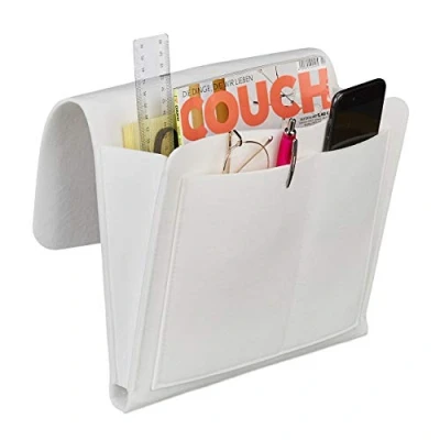 Immagine di Relaxdays Tasca Portaoggetti da Letto, 5 Scomparti Appendere, Portatelecomandi Divano, Organizer in Feltro, Bianco