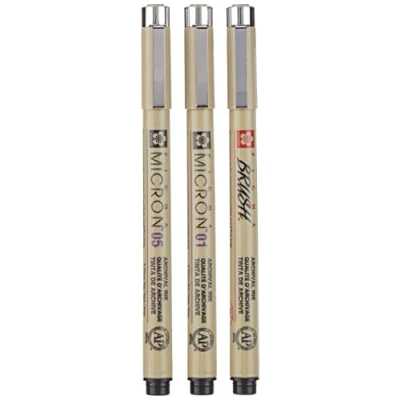 Immagine di SAKURA Penne Pigma micron 3 01/05 + penna a pennello, colore nero