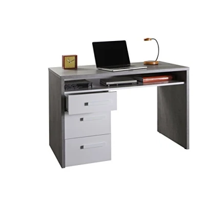 Immagine di Dmora Scrivania con cassettiera a Tre cassetti ed Un ripiano, Colore Cemento e Bianco, cm 110 x 77 60