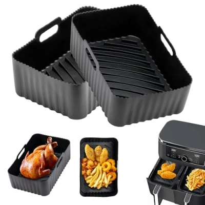 Immagine di Teglia per Friggitrice ad Aria Riutilizzabili Teglie Accessori Contenitori Silicone Doppio Cestello Air Fryer, Forno, Microonde, Nero 2 Pezzi