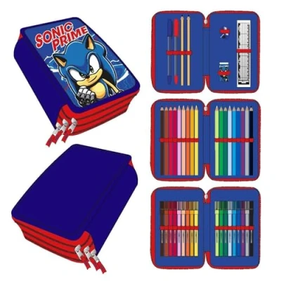 Immagine di Astuccio a 3 scomparti di Sonic Colore blu 12,5 x 6,5 19,5 cm Realizzato in 100% poliestere Chiusura con cerniera Include accessori Prodotto originale progettato Spagna, blu,