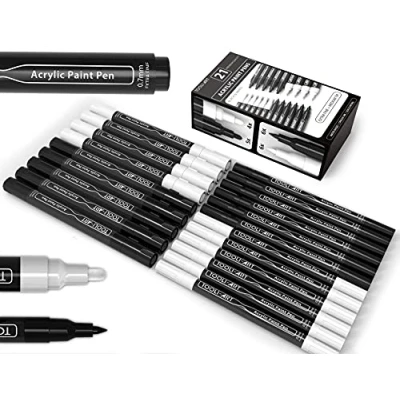 Immagine di Set di 21 pennarelli acrilici extra fini da 0,7 mm in bianco e nero punta media 3,0 per pittura su roccia, tela, tazze, metallo, vetro, tessuto, legno, fai te. Non tossico