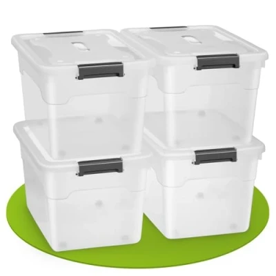 Immagine di Juskys Scatola per conservazione con coperchio Set da 4 scatole in plastica 45l grande, impilabile, trasparente Sistema di organizzazione