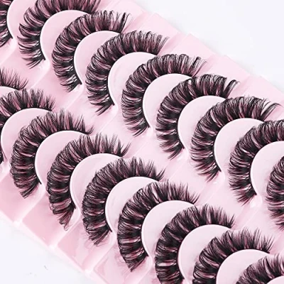 Immagine di False Eyelashes Russian Strip Lashes Natural Fluffy Wispy D Curly 10 Pairs Reusable Fake Faux Mink Thick Short Soft Eyes Lash