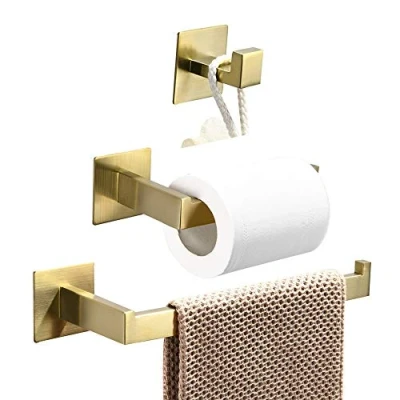 Immagine di WOMAO Set di 3 Accessori da Bagno con Finitura in Oro Spazzolato antiruggine Incluso Gancio per Asciugamani Anello portasciugamani Porta Carta igienica, Senza Foratura Autoadesivo