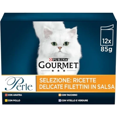 Immagine di Gourmet Perle Umido Gatto Filettini in Salsa con Pollo, Anatra, Tacchini, Vitello Verdure 72Buste da 85 g Ciascuna (6 Confezioni 12 x g)