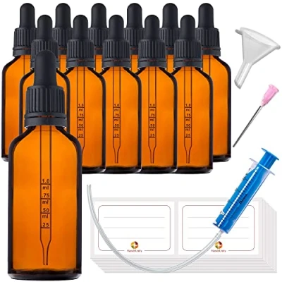 Immagine di HandsUnity 50ml 12pz Bottiglia Pipetta Piccola di Vetro set Vasetti da Farmacia in Ambrato con Tappo Nero per include 29pcs Accessori Bottiglie Marrone