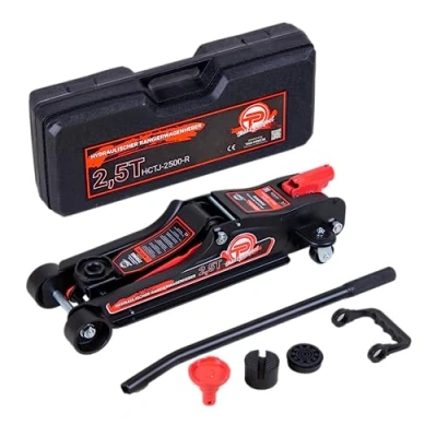Immagine di TALK POINT Cric idraulico 2,5 tonnellate versione piatta 80 mm 360 Low Profile con valigetta + adattatore SUV 2 cuscinetti in gomma idraulici per auto, ruote a (rosso)