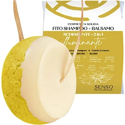 Immagine di Senso Naturale Shampoo Solido e Balsamo Capelli 2 in 1 Illuminante Schiarente, Equilibratore per Riflessi Dorati Luminosi con Camomilla, Curcuma Limone, Ideale il Viaggio, ph 4,5 5,5