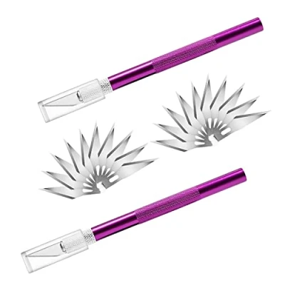 Immagine di Cutter di Precisione Set,2 Coltello da Intaglio con 20 Lame Ricambio,Cutter Bisturi Tappo Protezione per Arte Hobby Scrapbooking Stencil Modellismo (Viola)