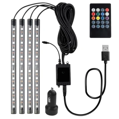 Immagine di Fsaklaskdy 4 Pezzi Auto Interni, 8 Colori Luci Interne a per Auto, Accessori Impermeabile Strisce con Porta USB Controllo, Multi Colore Music Sync Lampade, Illuminazione