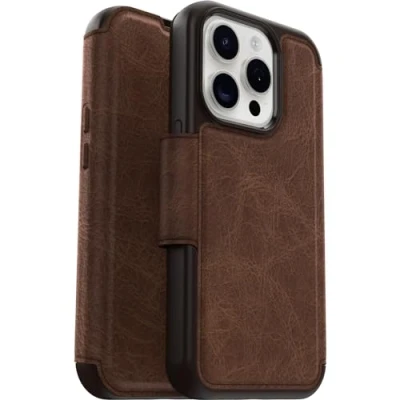 Immagine di OtterBox Cover per iPhone 15 Pro Strada MagSafe, resistente a shock e cadute, vero cuoio, 2 slot carte di credito, testata 3x vs norme MIL STD 810G, Marrone