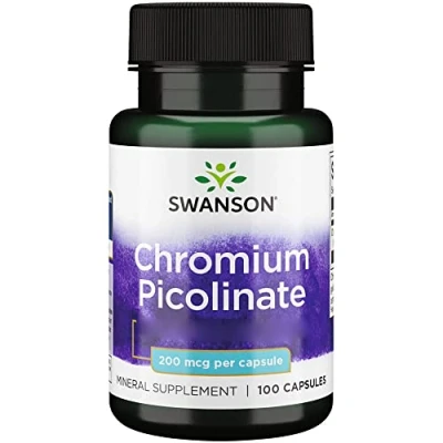 Immagine di Swanson, Chromium Picolinate (Cromo Picolinato), 200mcg, Altamente Dosato, 100 Capsule, Testato in Laboratorio, Senza Soia, Glutine, Non OGM