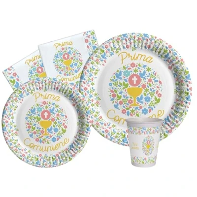 Immagine di Kit Party Tavola Prima Comunione per 8 persone (44 pezzi: piatti Ø23cm, Ø18cm, bicchieri 200ml, 20 tovaglioli 33x33cm) in carta compostabile eco friendly