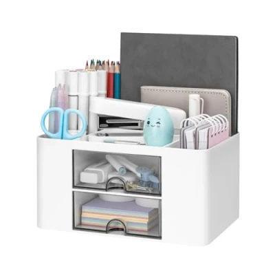 Immagine di RISEMART Organizzatore da scrivania con 2 cassetti, portapenne multifunzione per scrivania, organizer e 5 scomparti, ufficio