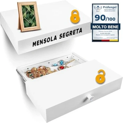 Immagine di Elder Welder® Cassaforte Invisibile Mensola 30 cm x 60 da Armadio Nascosta Muro Bianca con Cassetta di Sicurezza e Chiave Cassetto