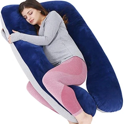 Immagine di AS AWESLING cuscino per gravidanza, a forma di U, allattamento, supporto e maternità donne incinte con rivestimento in velluto rimovibile (jersey grigio blu)
