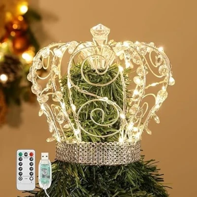 Immagine di Lewondr Puntale per Albero di Natale, Punta Natale a Forma Corona con 50 Perline Luce, Decorazione Timer Telecomandato e Alimentato da USB, Argento