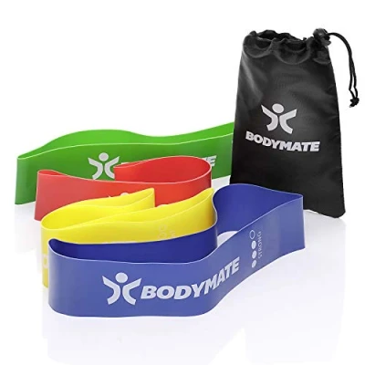 Immagine di BODYMATE Set di Bande Elastiche Fitness 60cm x 5cm con 4 Livelli Resistenza e Borsa per Il Trasporto Ginnastica, Fitness, Training Funzionale Band Loops in Lattice Naturale