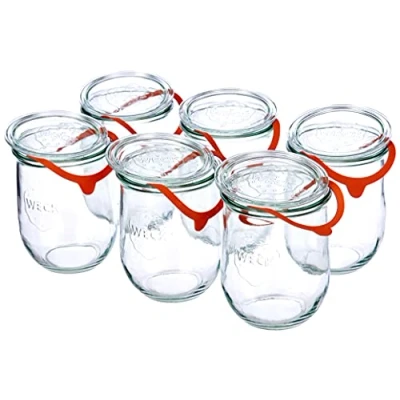 Immagine di Weck Vasetto Tulipano 1 litro con Coperchio da 100 mm, Completi di Guarnizione e Clips, Scatola 6 Pezzi, Vetro, Trasparente
