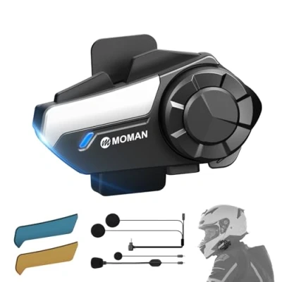 Immagine di Moman Interfono Moto, H2 Pro 【1 Pezzi Nero】 Auricolare Casco Moto 1000M Sistema di Comunicazione con Cancellazione del Rumore DSP&amp;CVC Radio FM,