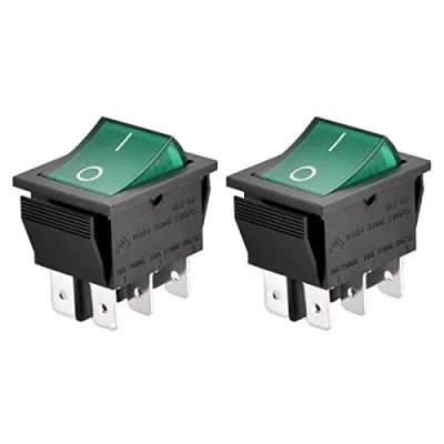Immagine di Heschen Interruttore a bilanciere ON OFF DPDT 6 terminali illuminati luce verde 16A 250VAC confezione da 2