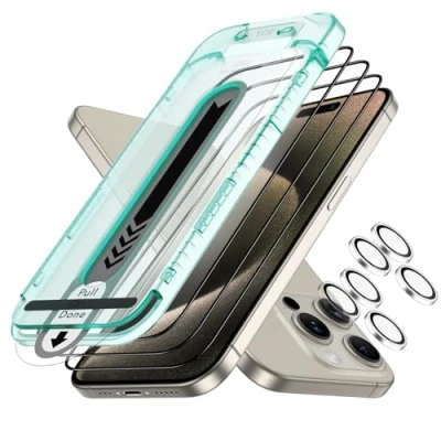 Immagine di ESR Set di Armorite Pellicola Vetro per iPhone 15 Pro, Temperato Estremamente Resistente, Telaio una Facile Installazione, 3 Pezzi con 2 Protezione Singola Fotocamera