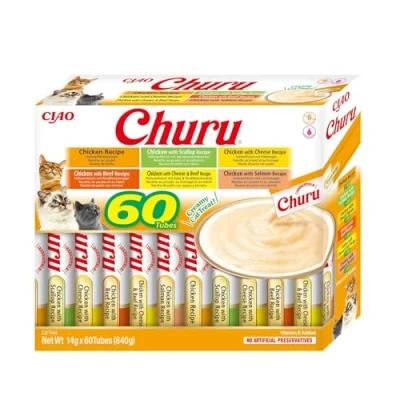 Immagine di INABA Churu Snack per Gatti Cremoso in 4 Varietà al Pollo 60 Stick x 14g Cibo da Leccare, Sano e Delizioso Gatto Senza Conservanti o Coloranti Artificiali, Grain Free