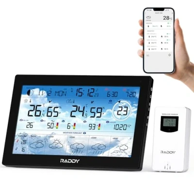 Immagine di Raddy N90 Stazione meteo intelligente radio con sensore esterno, ampio display a colori, PM2.5/AQI, indice UV