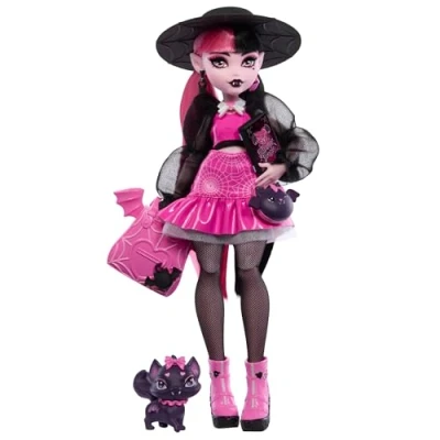 Immagine di Monster High Draculaura, bambola dal look mostruoso con gatto pipistrello Conte Favoloso e accessori inclusi, zaino, bento box libro degli incantesimi, giocattolo per bambini, 4+ anni, HRP64