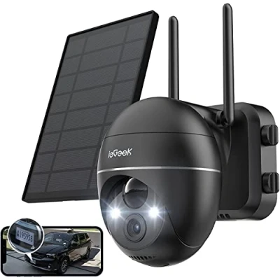 Immagine di ieGeek 2K Telecamera Wi Fi Esterno Senza Fili 360 PTZ Videocamera Sorveglianza WiFi con Pannello Solare, 3MP Visione Notturna a Colori 15m,Rilevamento Umano PIR e Allarme Sonoro Luminoso