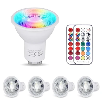 Immagine di YAYZA! 4 Confezione Lampadina GU10 LED Calda, Dimmerabile 5W RGB 3000K Faretti, Cambia Colore con Telecomando，Equivalente a 50W,12 Colori 5 Modalità, per Camere da Letto, Feste Faretto