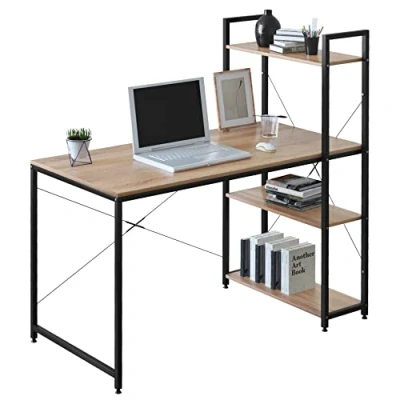 Immagine di WOLTU Scrivania da Ufficio, con Libreria a 4 Ripiani, per PC Computer, Tavolo Lavoro, Studio, in Legno e Acciaio,Rovere+Bianco, 120x64x120cm, TSB01whe