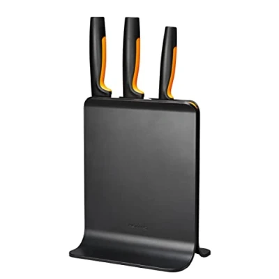 Immagine di Fiskars Ceppo per coltelli di design con 3 coltelli, Functional Form, Incl. Spelucchino, Coltello Santoku e da cuoco, Plastica, Nero, 1057555