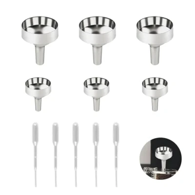 Immagine di 6 Pezzi Piccoli Imbuti in Metallo Set, Mini con 5 Contagocce Plastica da 2ml, Imbuto Profumo per Bottiglie Piccole, Vino, Cosmetici, Oli Essenziali(1.8cm+2.5cm)