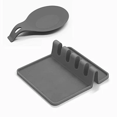 Immagine di Supporto per utensili in silicone con gocciolatoio più utensili, grande poggiapolsi mestolo, spatola, pinze, forchetta, set di 2 (grigio)