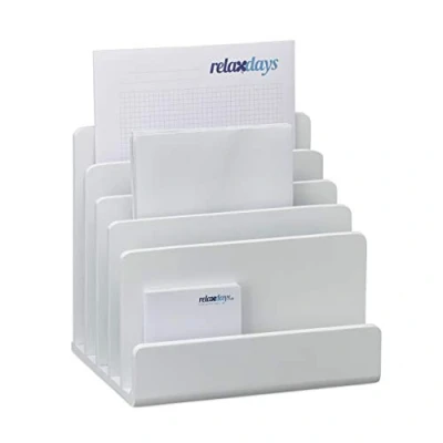 Immagine di relaxdays Portalettere in bambù, Portadocumenti, 5 Scomparti, Organizzatore per la Scrivania, HLP 23x24,5x20,5cm, Bianco, 23 x 24,5 20,5 cm
