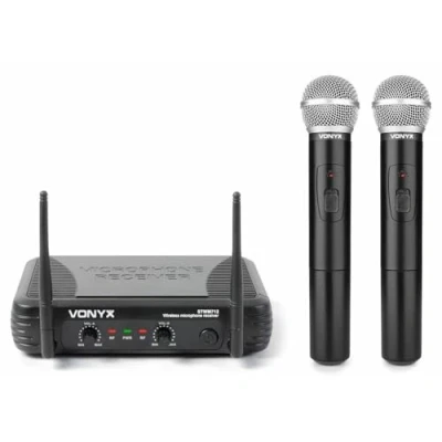 Immagine di Skytec Set di microfoni wireless, modello: STWM722, (2 1 ricevitore, alta portata, uscita XLR e jack, per parlare cantare, batteria a lunga durata) 2 Micrófonos de mano Modelo