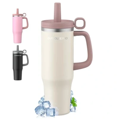Immagine di 1200ml Tazza Termica con Cannuccia, Borraccia Manico, 1.2L Tazze Isolate, per Auto in Acciaio Inox a Doppia Parete Bevande Calde, Fredde Acqua, Caffè, Marrone Chiaro