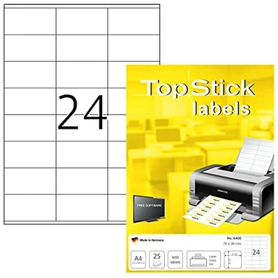 Immagine di TopStick etichette autoadesive per indirizzi, 24 foglio A4, 800 fogli, 70 x 36 mm, 19200 etichette, postali vuote, stampanti laser e inkjet, bianco