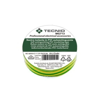 Immagine di TECNID Nastro isolante in PVC, spessore 0,13mm, 19mm x 25m. Certificato VDE. Impermeabile, resistente al calore, Giallo Verde.