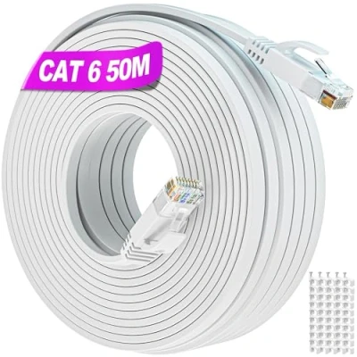 Immagine di Soibke Cavo Ethernet 50 Metri, Cat 6 LAN 50m Alta Velocità 1000Mbit/s di Rete, Esterno Filo Gigabit RJ45 Piatto Internet Lungo Bianco Patch per Router Modem