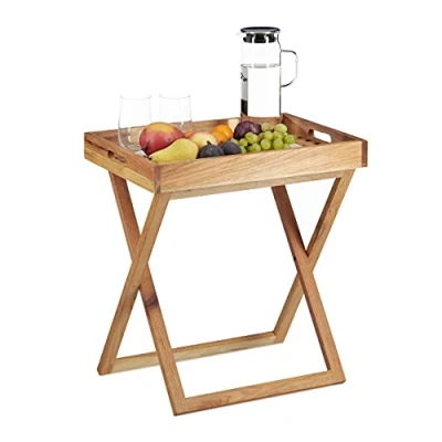 Immagine di Relaxdays Tavolino con Vassoio, Pieghevole in Legno di Noce, Piccolo, Vassoio per Service, HLP: 54x52x36 cm, naturale