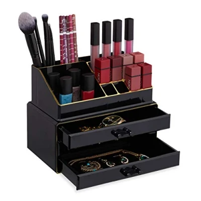 Immagine di Relaxdays Portatrucchi, 2 Organizer Combinabili, Portaoggetti per Cosmetici con Cassetti, Multiuso, Versatile, Nero/Oro, 1 pz