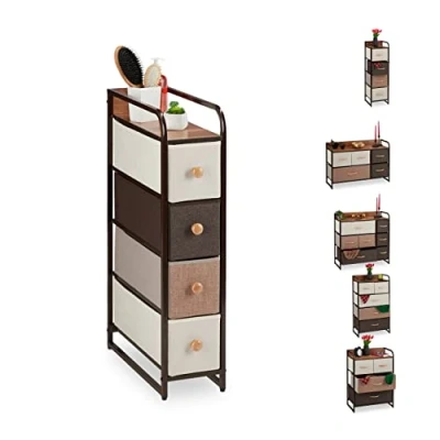 Immagine di Relaxdays Cassettiera con 4 Scomparti in Tessuto, Pieghevoli, Sottile, pomello, ripiano, 84,5 x 20 49,5 cm, Marrone, HLP, Acciaio, Poliestere, Pannelli MDF