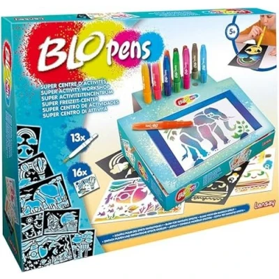 Immagine di BLOPENS Super Centro di Attività Fatate Laboratorio Disegno e Colorazione per Bambini dai 5 Anni 13 Pennarelli da Soffiare con Leggio, 16 Stencil Fogli Lansay