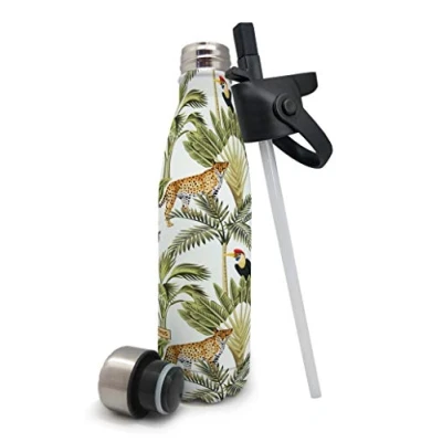 Immagine di Nerthus FIH 573 Thermos a Doppia Parete per Freddo e Caldo. Disegno Giungla in Acciaio Inossidabile con Tappo Cannuccia 500 ml. Senza BPA
