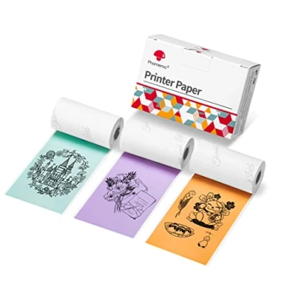 Immagine di Phomemo carta per stampante a colori da 53 mm mini M02, M02S, M02Pro, M03, M03AS, M04S, M04AS 3 rotoli di adesiva termica autoadesiva, x 3,5 m, Viola/Verde/Arancione