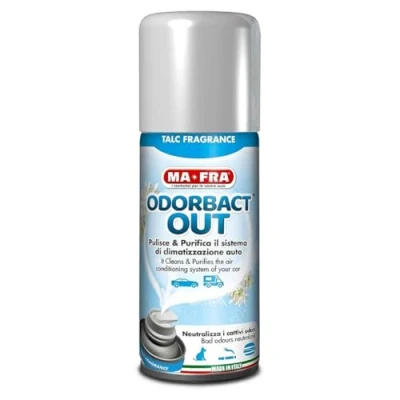 Immagine di Ma Fra, Odorbact Out Talc Fragrance, Spray Purificante per Climatizzatori Auto, Neutralizza i Cattivi Odori e Rilascia una Piacevole Fragranza al Talco, Formato 150ml